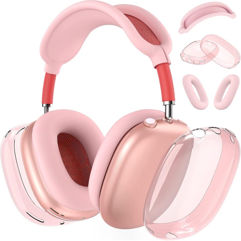 MINDRESY Silicone Case Cover for AirPods Max Headphones, Clear Soft TPU Ear Cups Cover/Ear Pad Case Cover/Headband Cover for AirPods Max (2024/2020), Transparent Accessories for Apple AirPods Max (USB-C), Pink - Image 1
